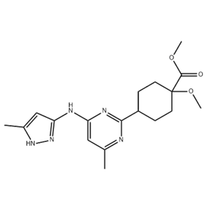 Cyclohexanecarboxylic acid, 1-methoxy-4-[4-methyl-6-[(5-methyl-1H-pyrazol-3-yl)amino]-2-pyrimidinyl]-, methyl ester