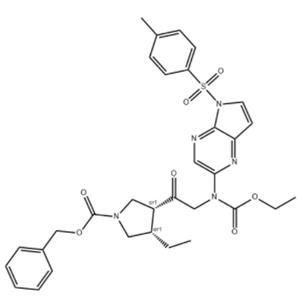 1-Pyrrolidinecarboxylic acid, 3-[2-[(ethoxycarbonyl)[5-[(4-methylphenyl)sulfonyl]-5H-pyrrolo[2,3-b]pyrazin-2-yl]amino]acetyl]-4-ethyl-, phenylmethyl ester, (3R,4S)-rel-