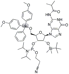 N2-(ISOBUTYRYL)-5'-O-(DIMETHOXYTRITYL)-2'-O-(T-BUTYLDIMETHYLSILYL)-GUANOSINE-3'-N,N-DIISOPROPYL (CYANOETHYL) PHOSPHORAMIDITE 结构式