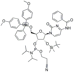 5'-O-(4,4'-DIMETHOXYTRITYL)-N4-BENZOYL-R-CYTIDINE-2'-T-BUTYLDIMETHYLSILYL-3'-(2-CYANOETHYL-N,N-DIISOPROPYL)PHOSPHORAMIDITE 结构式