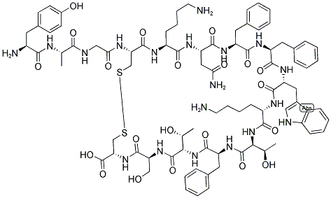 TYR-ALA-GLY-CYS-LYS-ASN-PHE-PHE-DTRP-LYS-THR-PHE-THR-SER-CYS: YAGCKNFF-DW-KTFTSCDISULFIDE BRIDGE CYS4-CYS15 结构式