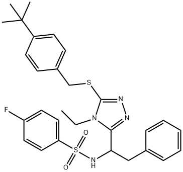 N-[1-(5-([4-(tert-Butyl)benzyl]sulfanyl)-4-ethyl-4H-1,2,4-triazol-3-yl)-2-phenylethyl]-4-fluorobenzenesulfonamide 结构式