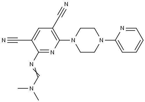N'-(3,5-Dicyano-6-[4-(2-pyridinyl)piperazino]-2-pyridinyl)-N,N-dimethyliminoformamide 结构式