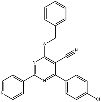 4-(BENZYLSULFANYL)-6-(4-CHLOROPHENYL)-2-(4-PYRIDINYL)-5-PYRIMIDINECARBONITRILE 结构式