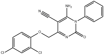 6-AMINO-4-[(2,4-DICHLOROPHENOXY)METHYL]-2-OXO-1-PHENYL-1,2-DIHYDRO-5-PYRIMIDINECARBONITRILE 结构式