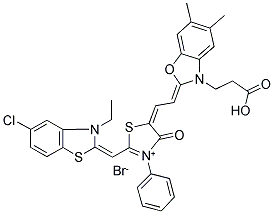 2-[(5-(2-(3-CARBOXYETHYL-5,6-DIMETHYL-2-BENZOXAZOLINYLIDENE) ETHYLIDENE]-4-OXO-3-PHENYL-2-THIAZOLIDINYLIDENE]METHYL)5-CHLORO-3-ETHYL BENZOTHIAZOLIUM BROMIDE 结构式