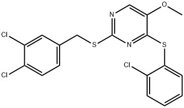 4-[(2-CHLOROPHENYL)SULFANYL]-2-[(3,4-DICHLOROBENZYL)SULFANYL]-5-METHOXYPYRIMIDINE 结构式