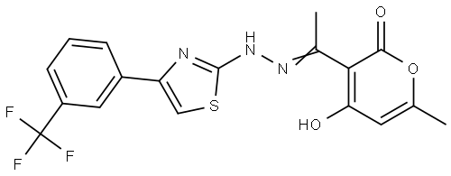 4-Hydroxy-6-methyl-3-(2-(4-[3-(trifluoromethyl)phenyl]-1,3-thiazol-2-yl)ethanehydrazonoyl)-2H-pyran-2-one 结构式