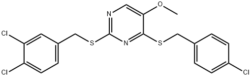 4-[(4-CHLOROBENZYL)SULFANYL]-2-[(3,4-DICHLOROBENZYL)SULFANYL]-5-METHOXYPYRIMIDINE 结构式