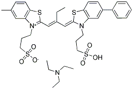 5-METHYL-3-(3-SULFOPROPYL)-2-(2-[(5-PHENYL-3-(3-SULFOPROPYL)-2,3-DIHYDRO-BENZOTHIAZOL-2-YLIDENE)METHYL]-1-BUTENYL)-BENZOTHIAZOLIUM INNER SALT TRIBUTYLAMMONIUM SALT 结构式