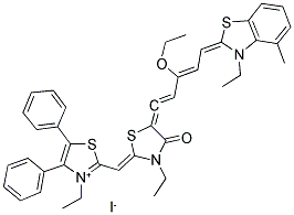 2-(3-Ethyl-4-oxo-5-(3-ethoxy-5-(3-ethyl-5-methyl-1,3-benzothiazolin-2-yliden)-penta-1,3-dien-1-yliden)-1,3-thiazolidin-2-yliden-methyl)-3-ethyl-4,5-diphenyl-1,3-thiazolium iodide 结构式
