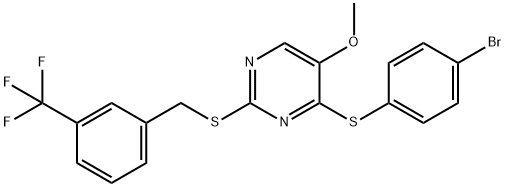 4-[(4-Bromophenyl)sulfanyl]-2-([3-(trifluoromethyl)benzyl]sulfanyl)-5-pyrimidinyl methyl ether 结构式