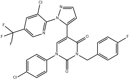 1-(4-CHLOROPHENYL)-5-(1-[3-CHLORO-5-(TRIFLUOROMETHYL)-2-PYRIDINYL]-1H-PYRAZOL-5-YL)-3-(4-FLUOROBENZYL)-2,4(1H,3H)-PYRIMIDINEDIONE 结构式