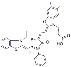 3-ETHYL-2-((3-PHENYL-5-(2-(3-CARBOXY ETHYL-5,6-DIMETHYL-2-BENZOXAZOLINYLIDENE) ETHYLIDENE)-4-OXO-2-THIAZOLIDINYLIDENE) METHYL)-BENZOTHIAZOLIUM IODIDE 结构式