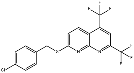 5,7-BIS(TRIFLUOROMETHYL)[1,8]NAPHTHYRIDIN-2-YL 4-CHLOROBENZYL SULFIDE 结构式