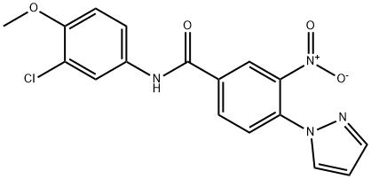 N-(3-CHLORO-4-METHOXYPHENYL)-3-NITRO-4-(1H-PYRAZOL-1-YL)BENZENECARBOXAMIDE 结构式