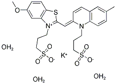 5-METHOXY-3-(3-SULFOPROPYL)-2-[(1-6-METHYL-(3-SULFOPROPYL)-2(1H)-QUINOLYLIDENE)METHYL]BENZOTHIAZOLIUM INNER SALT POTASSIUM SALT TRIHYDRATE 结构式