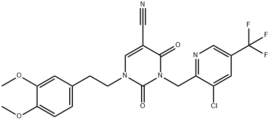 3-([3-CHLORO-5-(TRIFLUOROMETHYL)-2-PYRIDINYL]METHYL)-1-(3,4-DIMETHOXYPHENETHYL)-2,4-DIOXO-1,2,3,4-TETRAHYDRO-5-PYRIMIDINECARBONITRILE 结构式