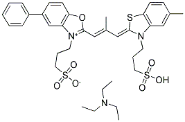 5-PHENYL-3-(3-SULFOPROPYL)-2-(2-METHYL-3-[5-METHYL-3-(3-SULFOPROPYL)-2,3-DIHYDRO-BENZOTHIAZOL-2-YLIDENE]-1-PROPENYL)-BENZOXAZOLIUM INNER SALT TRIETHYLAMMONIUM SALT 结构式