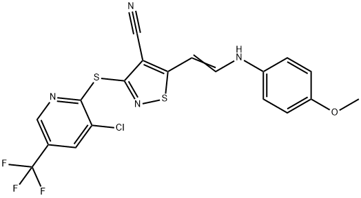 3-([3-CHLORO-5-(TRIFLUOROMETHYL)-2-PYRIDINYL]SULFANYL)-5-[2-(4-METHOXYANILINO)VINYL]-4-ISOTHIAZOLECARBONITRILE 结构式