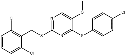 4-[(4-CHLOROPHENYL)SULFANYL]-2-[(2,6-DICHLOROBENZYL)SULFANYL]-5-METHOXYPYRIMIDINE 结构式