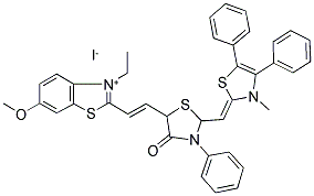 2-([3-PHENYL-4-OXO-5-(3-ETHYL-6-METHOXY-2-BENZOTHIAZOLYLIDENE)-ETHYLIDENE-2-THIAZOLINYLIDENE]-METHYL)-3-METHYL-4,5-DIPHENYL THIAZOLINIUM IODIDE 结构式