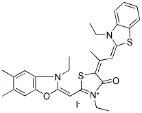 3-Ethyl-2-((3-ethyl-5-(1-methyl-2-(3-ethyl-2-benzothiazolinylidene) ethylidene)-4-oxo-2-thiazolidinylidene) methyl)-5,6-dimethyl benzoxazolium iodide 结构式