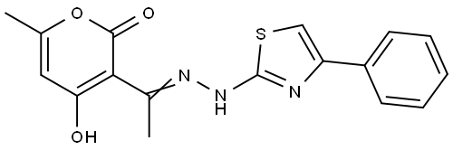 (E)-4-羟基-6-甲基-3-(1-(2-(4-苯基噻唑-2-基)肼基)乙基)-2H-吡喃-2-酮 结构式