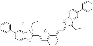 2-[(E)-2-(2-Chloro-3-((E)-2-[3-ethyl-5-phenyl-1,3-benzoxazol-2(3H)-ylidene]ethylidene)-1-cyclohexen-1-yl)ethenyl]-3-ethyl-5-phenyl-1,3-benzoxazol-3-ium iodide 结构式