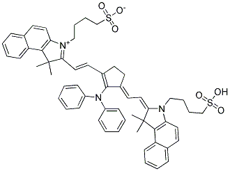 1H-BENZ[E]INDOLIUM, 2-[2-[3-[[1,3-DIHYDRO-1,1-DIMETHYL-3-(4-SULFOBUTYL)-2H-BENZ[E]INDOL-2-YLIDENE]ETHYLIDENE]-2-(DIPHENYLAMINO)-1-CYCLOPENTEN-1-YL]ETHENYL]-1,1-DIMETHYL-3-(4-SULFOBUTYL)-, INNER SALT 结构式