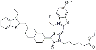 2-((3-(6-ETHOXY-6-OXOHEXYL)-5-[7-([3-ETHYL-1,3-BENZOTHIAZOL-2(3H)-YLIDENE]METHYL)-4,4A,5,6-TETRAHYDRO-2(3H)-NAPHTHALENYLIDENE]-4-OXO-1,3-THIAZOLIDIN-2-YLIDENE)METHYL)-3-ETHYL-6-METHOXY-1,3-BENZOTHIAZOL-3-IUM IODIDE 结构式