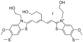 3-(2-Hydroxyethyl)-2-[(1E,3E)-5-[3-(2-hydroxyethyl)-5-methoxy-6-(methylsulfanyl)-1,3-benzothiazol-2(3H)-ylidene]-3-(3-hydroxypropyl)-1,3-pentadienyl]-5-methoxy-6-(methylsulfanyl)-1,3-benzothiazol-3-ium iodide 结构式