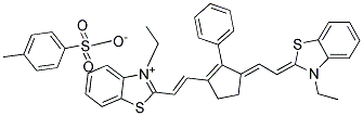 3-Ethyl-2-[(E)-2-(3-((E)-2-[3-ethyl-1,3-benzothiazol-2(3H)-ylidene]ethylidene)-2-phenyl-1-cyclopenten-1-yl)ethenyl]-1,3-benzothiazol-3-ium 4-methylbenzenesulfonate 结构式