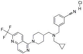 3-([(CYCLOPROPYLMETHYL)((1-[2-(TRIFLUOROMETHYL)-1,6-NAPHTHYRIDIN-5-YL]PIPERIDIN-4-YL)METHYL)AMINO]METHYL)BENZONITRILE HYDROCHLORIDE 结构式