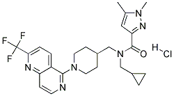 N-(CYCLOPROPYLMETHYL)-1,5-DIMETHYL-N-((1-[2-(TRIFLUOROMETHYL)-1,6-NAPHTHYRIDIN-5-YL]PIPERIDIN-4-YL)METHYL)-1H-PYRAZOLE-3-CARBOXAMIDE HYDROCHLORIDE 结构式