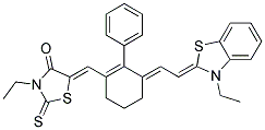 3-ETHYL-5-[(E)-(3-((E)-2-[3-ETHYL-1,3-BENZOTHIAZOL-2(3H)-YLIDENE]ETHYLIDENE)-2-PHENYL-1-CYCLOHEXEN-1-YL)METHYLIDENE]-2-THIOXO-1,3-THIAZOLIDIN-4-ONE 结构式