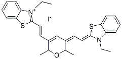 3-ETHYL-2-((E)-2-[5-((Z)-2-[3-ETHYL-1,3-BENZOTHIAZOL-2(3H)-YLIDENE]ETHYLIDENE)-2,6-DIMETHYL-2H-PYRAN-3(6H)-YL]ETHENYL)-1,3-BENZOTHIAZOL-3-IUM IODIDE 结构式