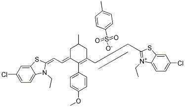 6-CHLORO-2-((E)-2-[3-((E)-2-[6-CHLORO-3-ETHYL-1,3-BENZOTHIAZOL-2(3H)-YLIDENE]ETHYLIDENE)-2-(4-METHOXYPHENYL)-5-METHYL-1-CYCLOHEXEN-1-YL]ETHENYL)-3-ETHYL-1,3-BENZOTHIAZOL-3-IUM 4-METHYLBENZENESULFONATE 结构式