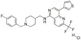 N-([1-(4-FLUOROBENZYL)PIPERIDIN-4-YL]METHYL)-8-(3-THIENYL)-2-(TRIFLUOROMETHYL)-1,6-NAPHTHYRIDIN-5-AMINE HYDROCHLORIDE 结构式