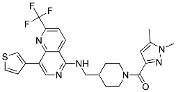N-((1-[(1,5-DIMETHYL-1H-PYRAZOL-3-YL)CARBONYL]PIPERIDIN-4-YL)METHYL)-8-(3-THIENYL)-2-(TRIFLUOROMETHYL)-1,6-NAPHTHYRIDIN-5-AMINE 结构式