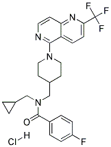 N-(CYCLOPROPYLMETHYL)-4-FLUORO-N-((1-[2-(TRIFLUOROMETHYL)-1,6-NAPHTHYRIDIN-5-YL]PIPERIDIN-4-YL)METHYL)BENZAMIDE HYDROCHLORIDE 结构式