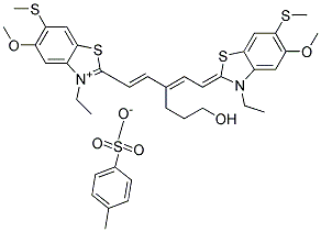 3-ETHYL-2-[(1E,3E)-5-[3-ETHYL-5-METHOXY-6-(METHYLSULFANYL)-1,3-BENZOTHIAZOL-2(3H)-YLIDENE]-3-(3-HYDROXYPROPYL)-1,3-PENTADIENYL]-5-METHOXY-6-(METHYLSULFANYL)-1,3-BENZOTHIAZOL-3-IUM 4-METHYLBENZENESULFONATE 结构式