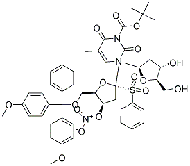 3-N-BOC-1-[5-O-(4,4'-DIMETHOXYTRITYL)-3-O-NITROPHENYLSULFONYL-2-DEOXY-B-D-LYXOFURANOSYL]THYMIDINE 结构式