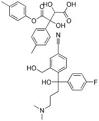 (-)-4-[4-Dimethylamino-1-(4-Fluorophenyl)-1-Hydroxy Butyl]-3-Hydroxymethyl-Benzonitrile, 1/2(+)-Di-P-Toluyltartaric Acid Salt 结构式