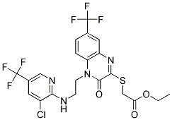 Ethyl 2-((4-(2-((3-chloro-5-(trifluoromethyl)-2-pyridinyl)amino)ethyl)-3-oxo-7-(trifluoromethyl)-3,4-dihydro-2-quinoxalinyl)sulfanyl)acetate 结构式