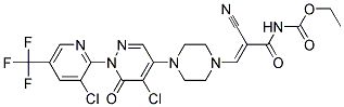 Ethyl N-(3-(4-(5-chloro-1-(3-chloro-5-(trifluoromethyl)-2-pyridinyl)-6-oxo-1,6-dihydro-4-pyridazinyl)piperazino)-2-cyanoacryloyl)carbamate 结构式