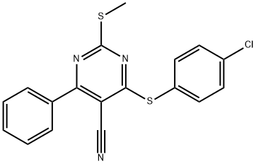 4-[(4-CHLOROPHENYL)SULFANYL]-2-(METHYLSULFANYL)-6-PHENYL-5-PYRIMIDINECARBONITRILE 结构式