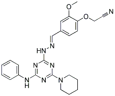 (E)-2-(2-Methoxy-4-((2-(4-(phenylamino)-6-(piperidin-1-yl)-1,3,5-triazin-2-yl)hydrazono)methyl)phenoxy)acetonitrile 结构式