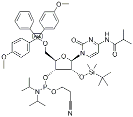 N4-(ISOBUTYRYL)-5'-O-(DIMETHOXYTRITYL)-2'-O-(T-BUTYLDIMETHYLSILYL)-CYTIDINE-3'-N,N-DIISOPROPYL (CYANOETHYL) PHOSPHORAMIDITE 结构式