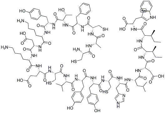 CYS-ALA-CYS-PHE-THR-TYR-LYS-ASP-LYS-GLU-CYS-VAL-TYR-TYR-CYS-HIS-LEU-ASP-ILE-ILE-TRP: CACFTYKDKECVYYCHLDIIWDISULFIDE BRIDGES CYS1-CYS15, CYS3-CYS11 结构式